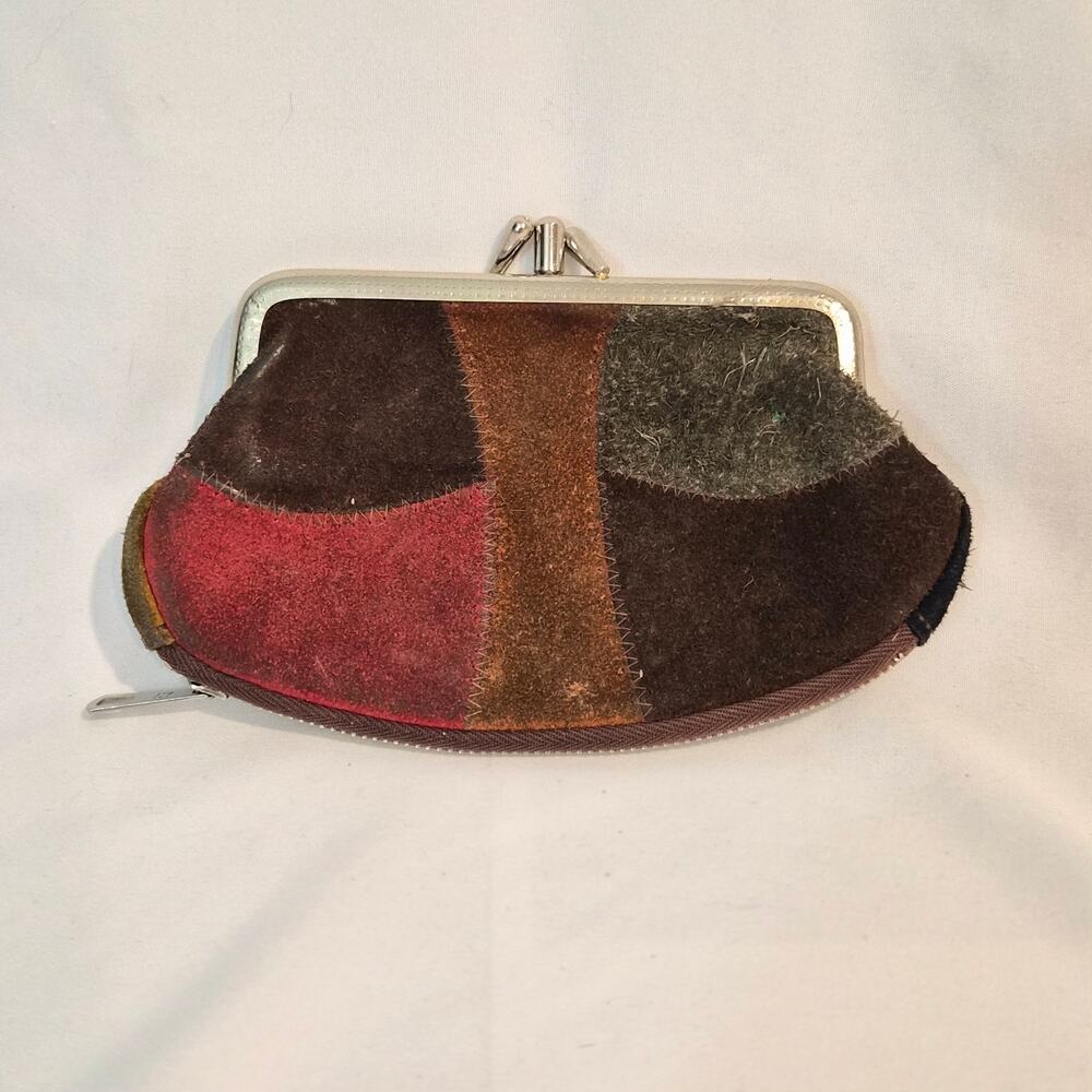 Vintage 70s Patchwork Suede Kisslock Coin Purse Zipper Key Ring Wallet